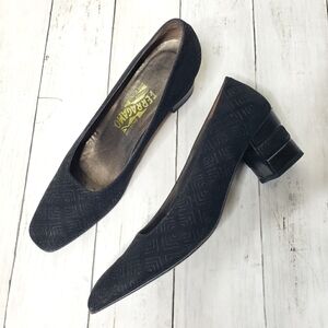 Salvatore Ferragamo Pumps Size 9.5 AAAA Black Suede Leather Square Toe Italy